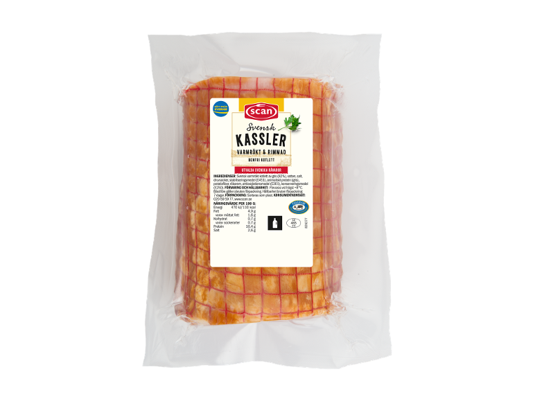 Förpackad varmrökt och rimmad kassler.