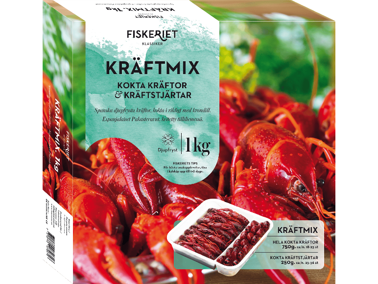 Förpackning med frysta kräftor och kräftstjärtar, med en synlig bricka full av kräftor.