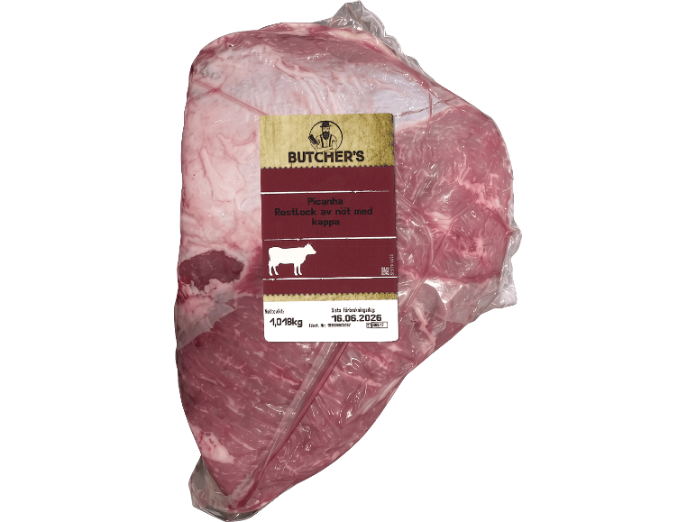 Vakuumförpackad picanha av nöt, nettovikt 1,018 kg, bäst före-datum 16.06.2026.