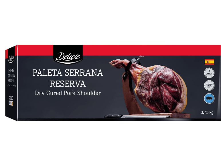 Torkad fläskbog Deluxe Paleta Serrana Reserva i förpackning.