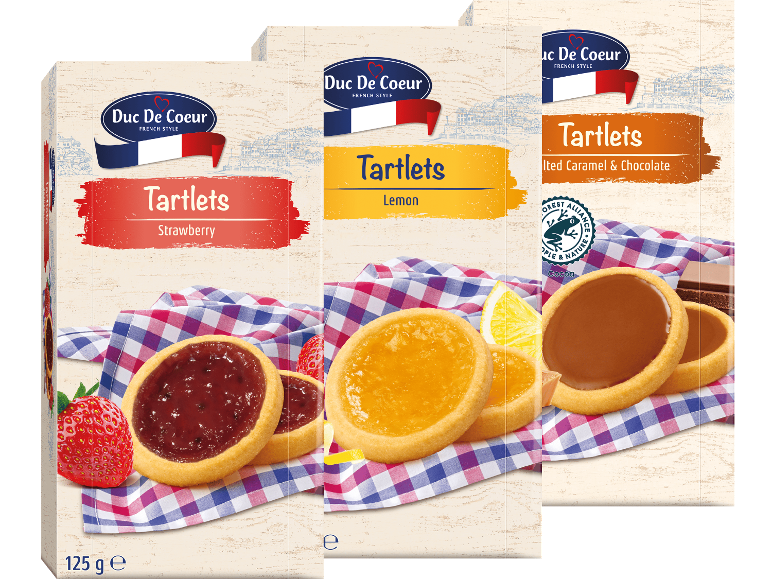 Tre lådor franska tårtor: jordgubb, citron och saltad karamell & choklad.