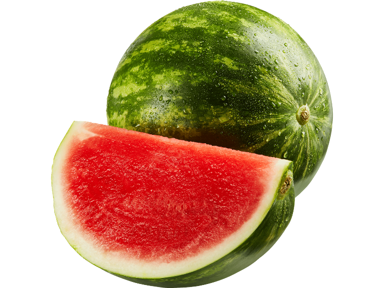 Hel vattenmelon och en skiva vattenmelon med daggdroppar på svart bakgrund.