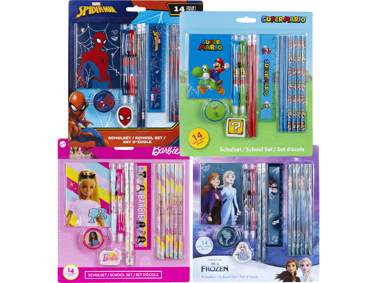 Fyra skolmaterialset med olika teman: Spiderman, Super Mario, Barbie och Frost.