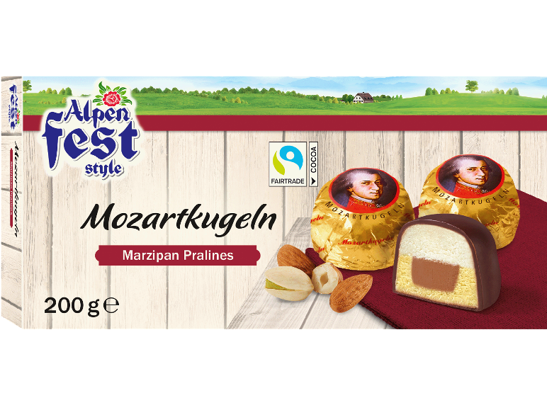 Mozartkugeln marsipanpraliner med nötter, Fairtrade kakao och ett alplandskap.