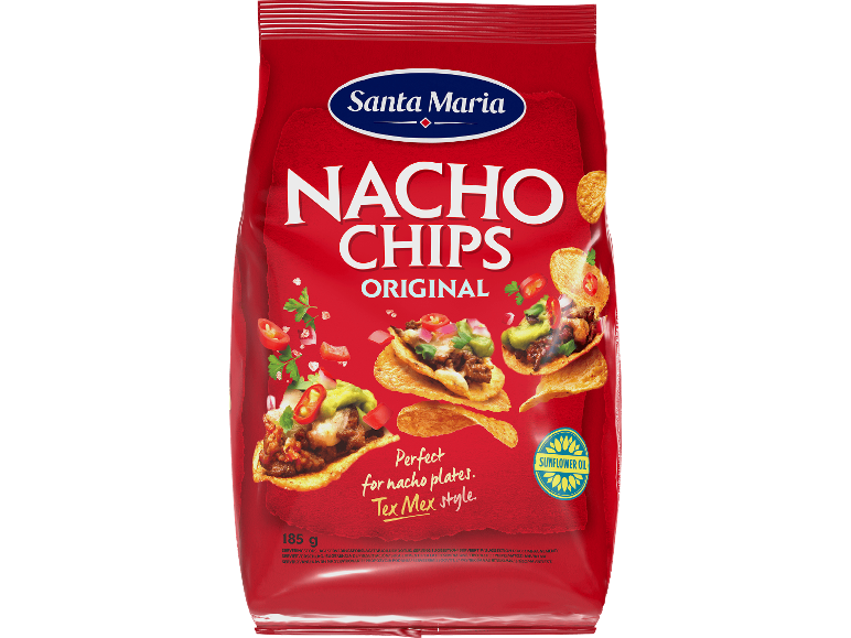 Original nachochips i en röd påse på 185 g.