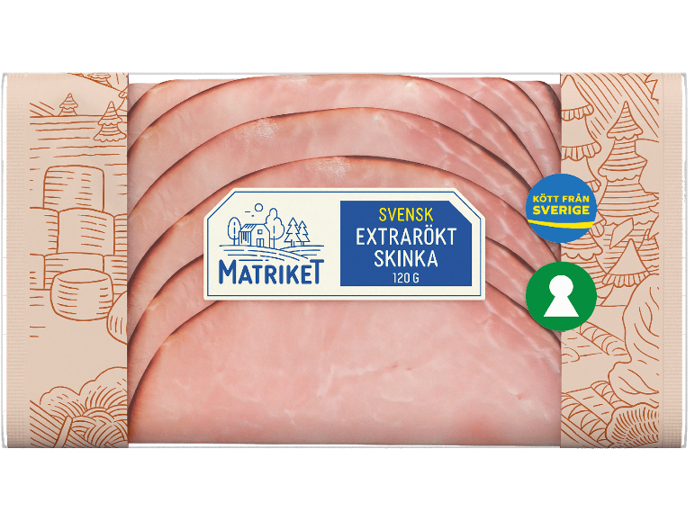 Svensk extrarökt skinka i skivor, 120g, med vinterlandskapsmotiv.