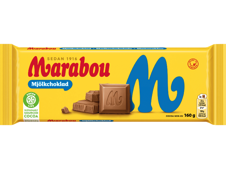 Gul mjölkchokladkaka med texten 