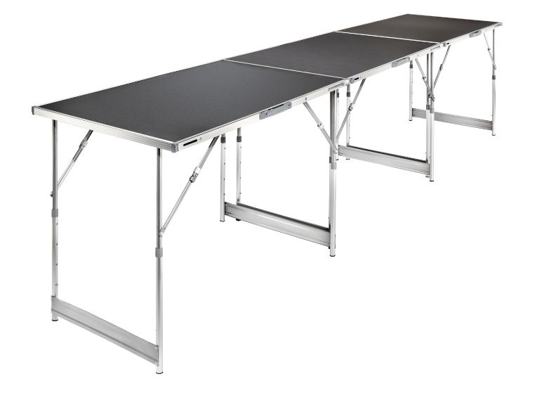 Långt fällbord med svart yta och silverfärgad aluminiumram.