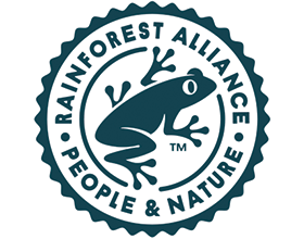 Sigill med groda och text: RAINFOREST ALLIANCE PEOPLE & NATURE.