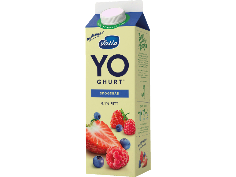 Skogsbärsyoghurt med 0,1% fett i en ny designad förpackning.