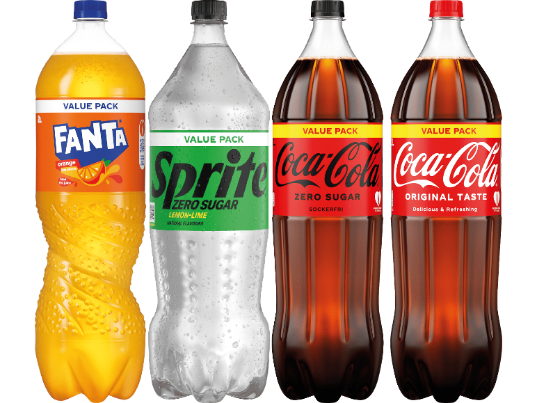 Värdepaket med Fanta Orange, Sprite Zero Sugar, Coca-Cola Zero Sugar och Coca-Cola Original Taste.