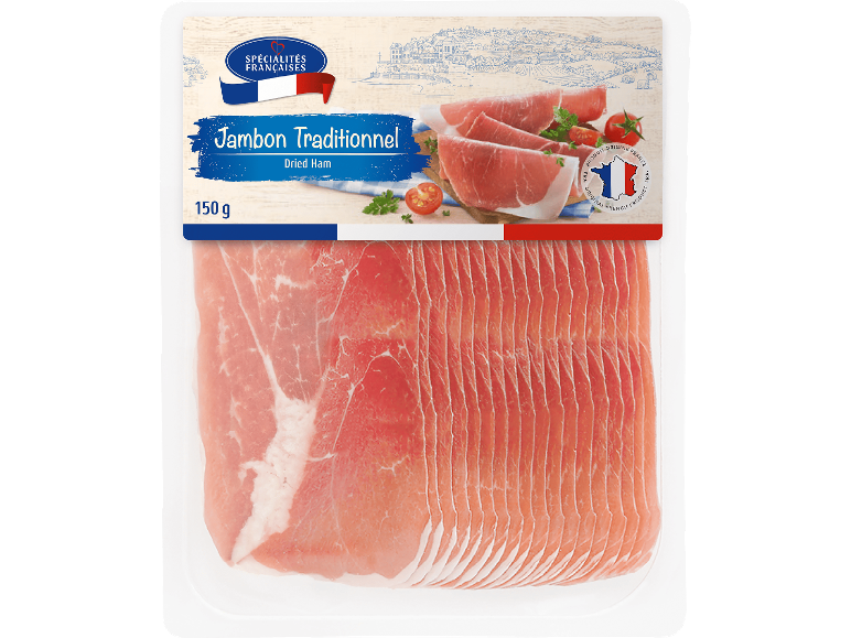 Förpackning traditionell torkad skinka (150 g) med franska motiv.