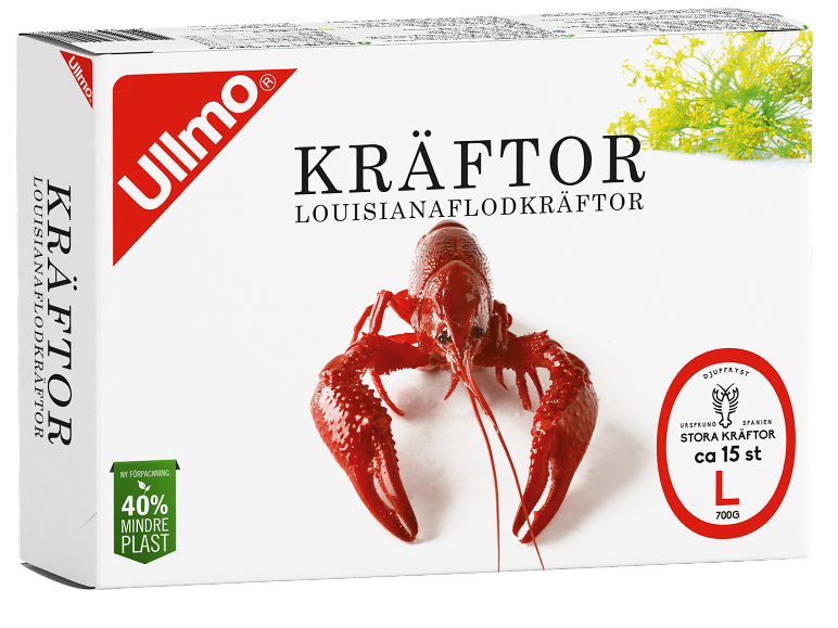 Förpackning med frysta flodkräftor från Louisiana, med information om 40% mindre plast.