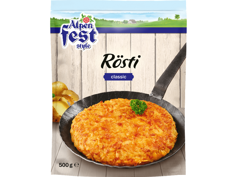 Rösti-förpackning med bild av rösti i panna, potatis och alpint landskap.