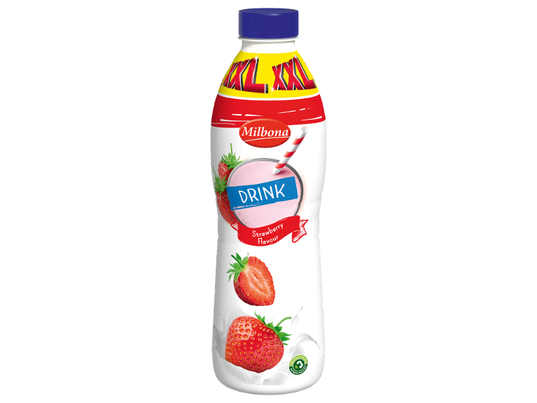 Jordgubbsmjölkdryck med texten 'DRINK' och 'Strawberry Flavour' på en vit flaska.