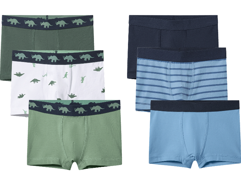 6-pack barnkalsonger: 3 gröna med dinosaurier och 3 blå, enfärgade och randiga.