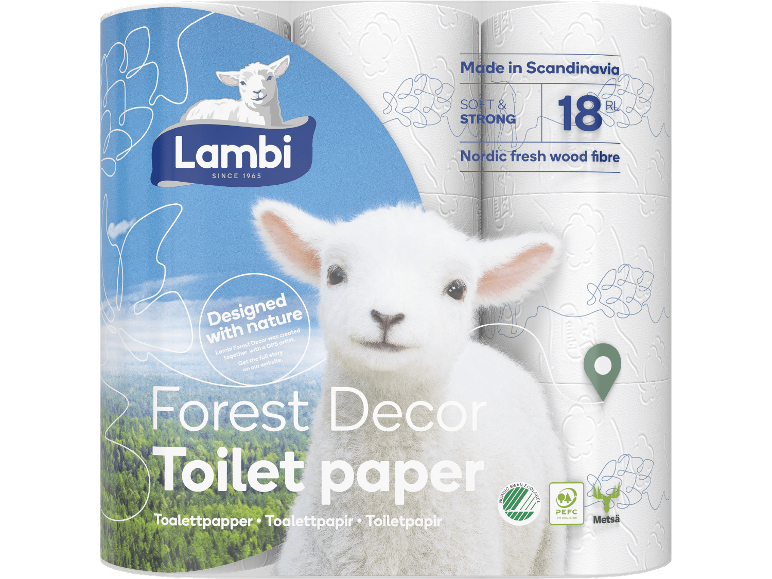 Vit toalettpappersförpackning med lamm och skogsmotiv, text och miljömärkningar.
