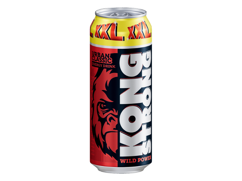 Energidrycksburk med röd gorilladesign och texten 'XXL URBAN CLASSIC STRONG WILD POWER'.