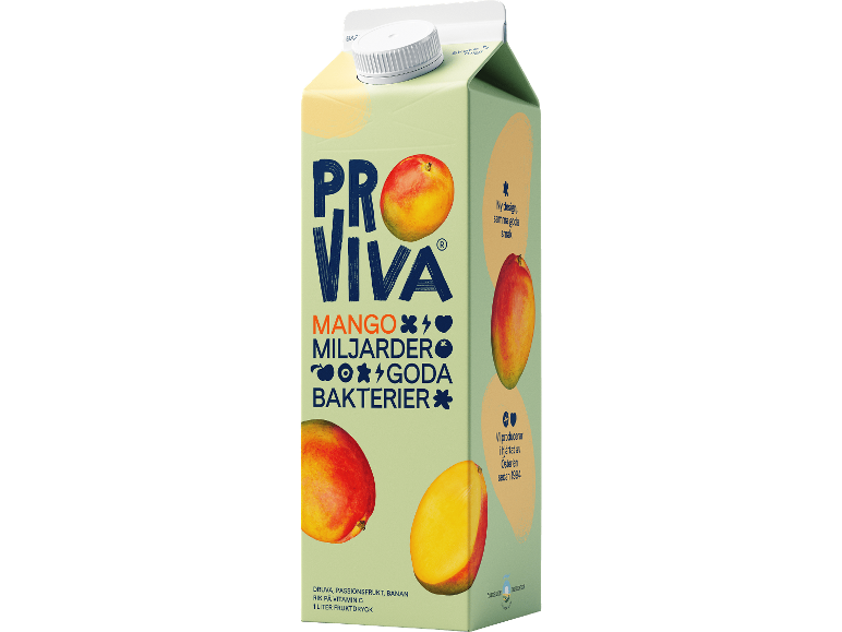 Mangojuice med goda bakterier, ny design, samma goda smak.