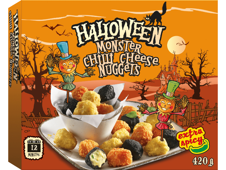 Halloween Monster Chili Cheese Nuggets-förpackning med läskiga illustrationer och en tallrik nuggets.