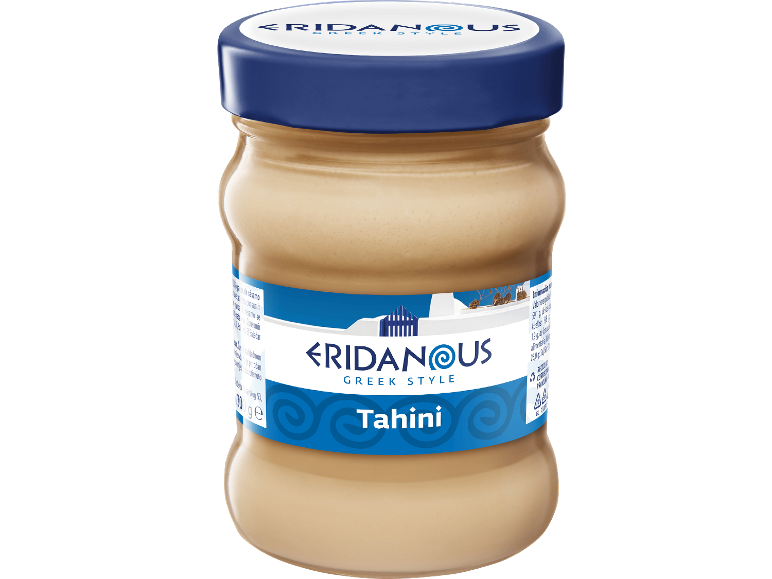 Burk med tahini i grekisk stil med blå etikett och lock.
