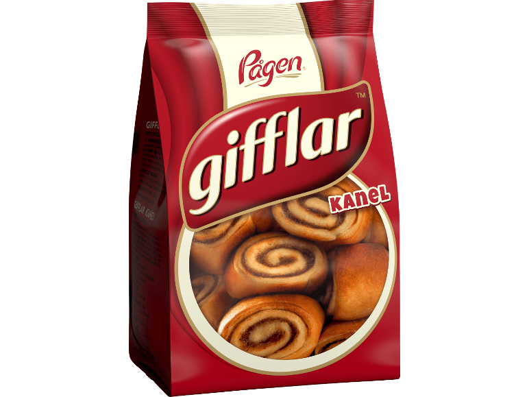 Röd förpackning kanelbullar med texten 'gifflar kanel'.