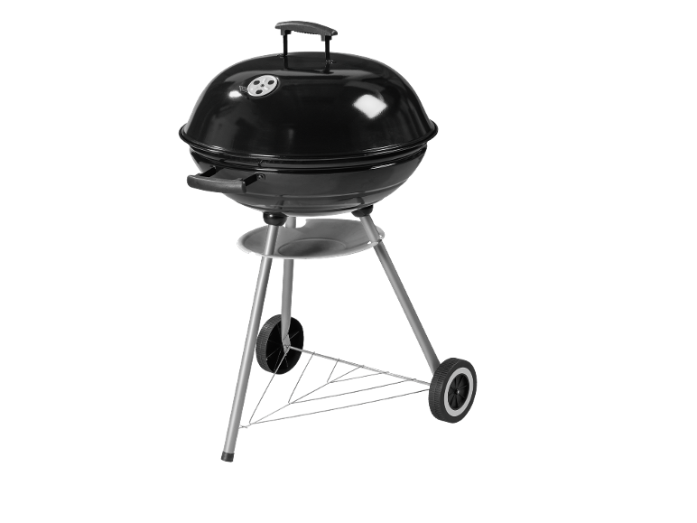 Svart rund kolgrill med hjul och en nedre hylla.