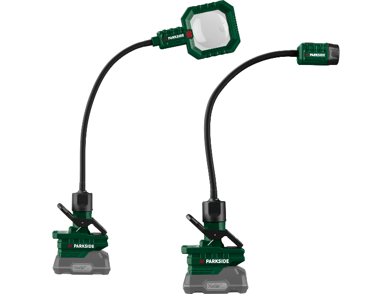 Två flexibla arbetslampor med klämmor och batteripaket.