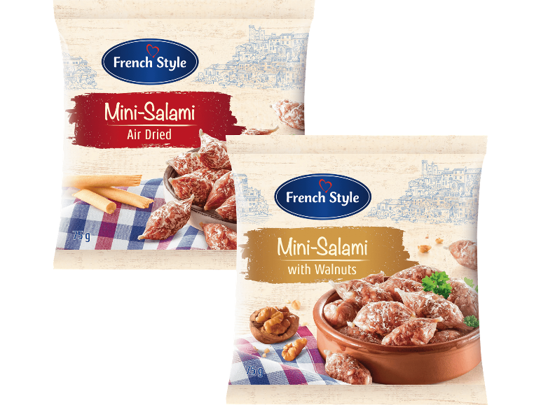 Två förpackningar mini-salami: en lufttorkad och en med valnötter, båda 75g.