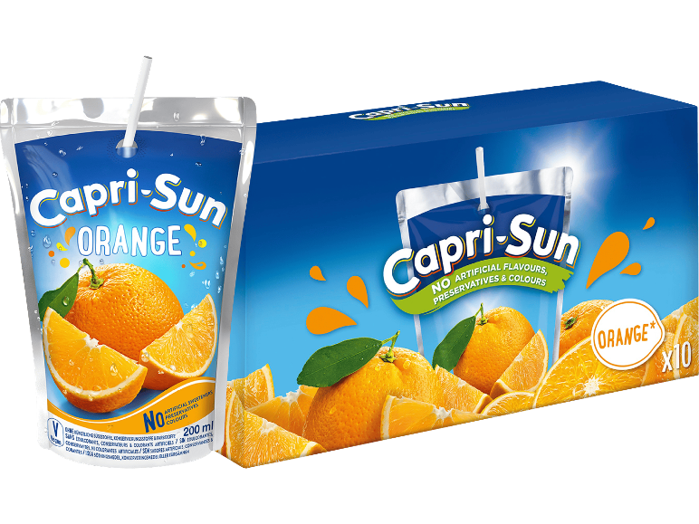 Apelsinjuicepåsar och en 10-pack, med texten 'Inga konstgjorda smaker, konserveringsmedel och färgämnen'