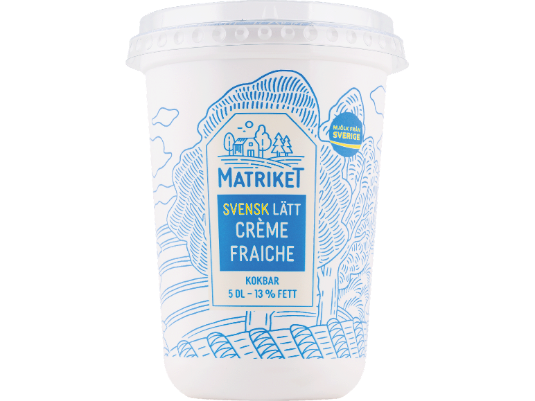 Svensk lätt crème fraîche, 5 dl, 13% fett, med lantligt motiv.