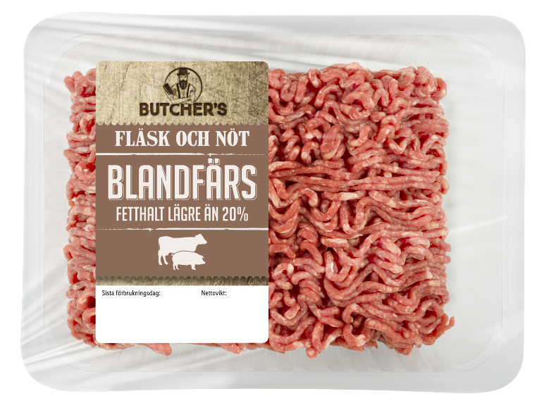 Förpackning med fläsk- och nötfärs med fetthalt lägre än 20%.