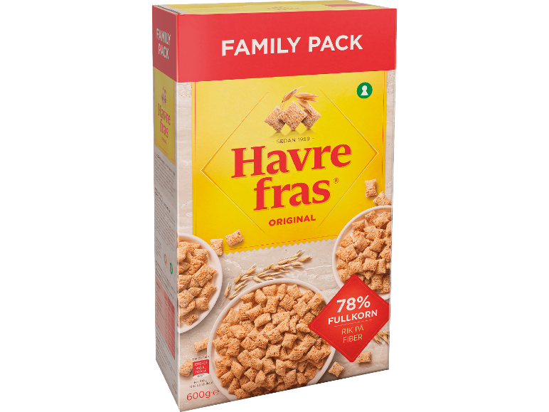 Låda med havregryn, familjepack, med 78% fullkorn.