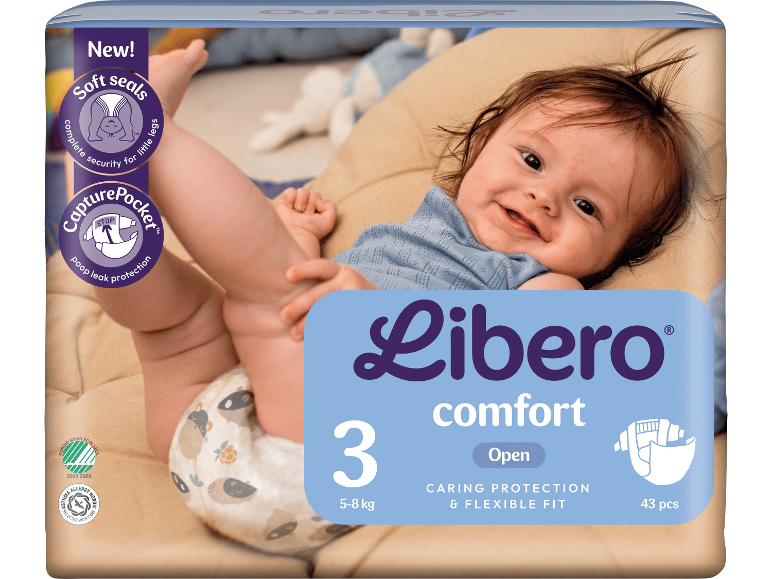 Babyblöjor med leende bebis, storlek 3 (5-8kg), 43 stycken, med mjuka tätningar