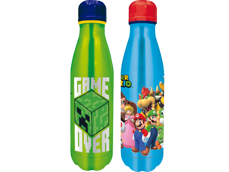 Två vattenflaskor: en grön med Minecraft-tema 'GAME OVER' och en blå med Super Mario-karaktärer.