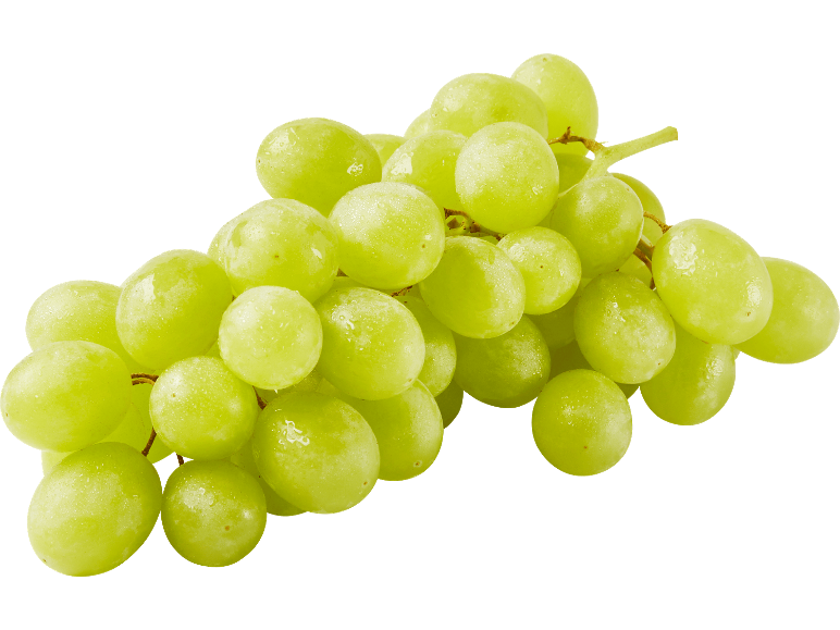 En livlig klase färska gröna vindruvor, glittrande av vattendroppar, mot en svart bakgrund.