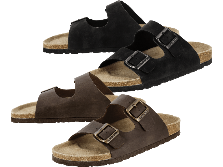 Tre par sandaler med två remmar och spännen, i svart och brunt.