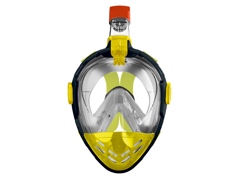 Gul och svart helmask för snorkling med röd snorkel.