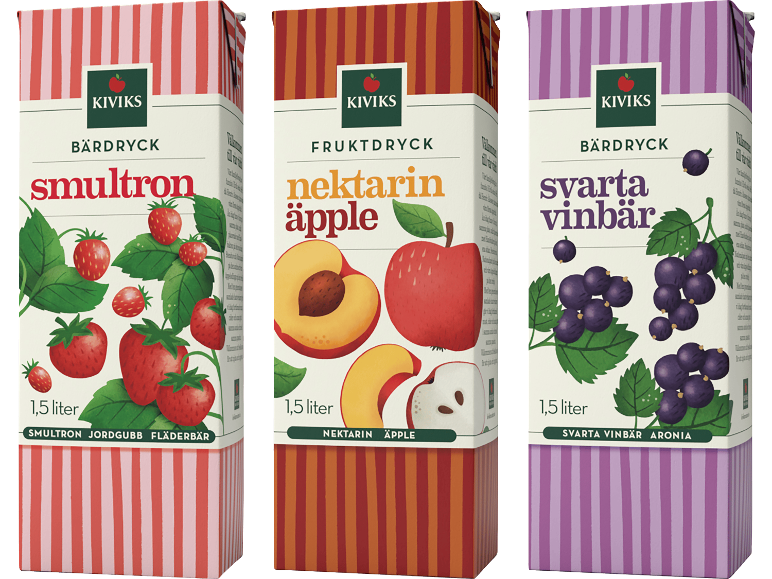 Tre fruktdrycker: smultron, nektarin-äpple och svarta vinbär, i 1,5-liters förpackningar.
