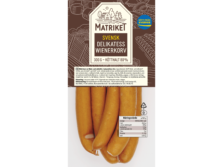 Svensk wienerkorvförpackning med 80% kötthalt, näringsinformation och ursprung.