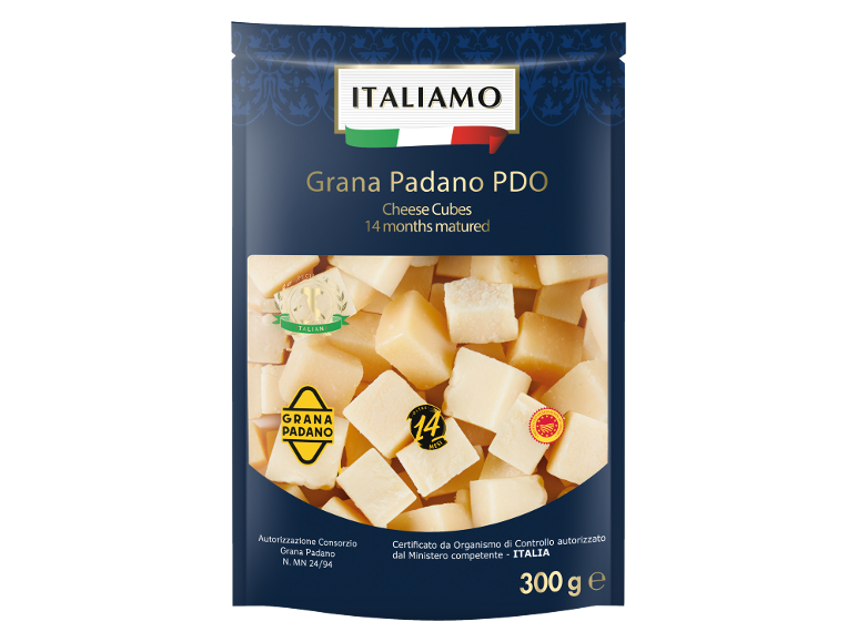 Förpackning Grana Padano SUB ostkuber, lagrade 14 månader, 300 g.