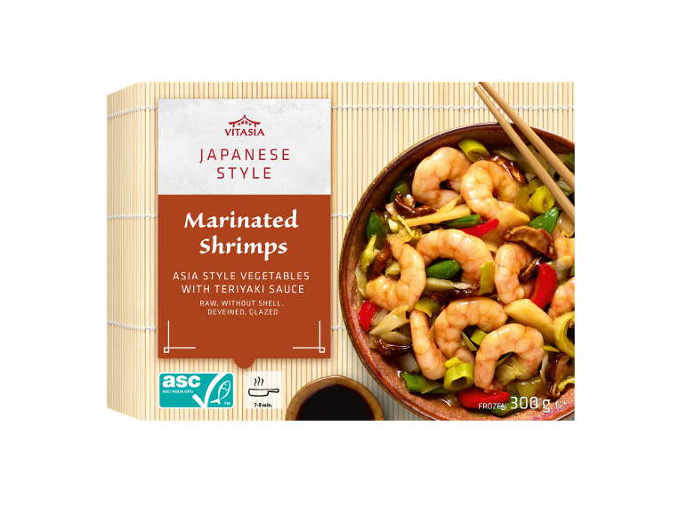 Marinerade räkor i japansk stil med grönsaker och teriyakisås, frysta, 300g.