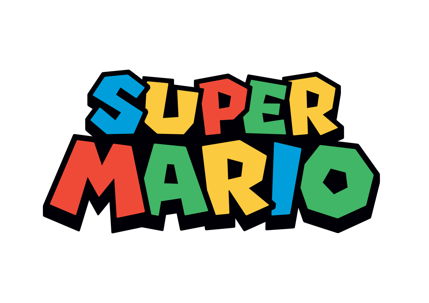 Färgglad logotyp med orden 'SUPER MARIO' på svart bakgrund.