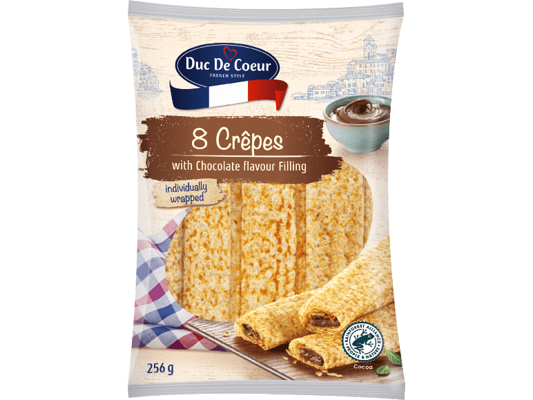 Förpackning med 8 franska crêpes med chokladsmakfyllning, individuellt förpackade.