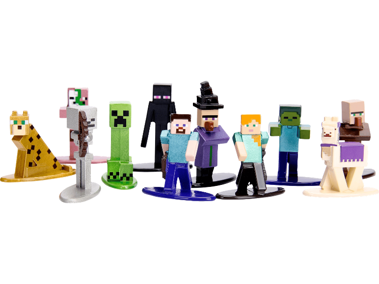 En samling Minecraft-figurer, inklusive karaktärer som Steve, Alex, Creeper och Enderman.