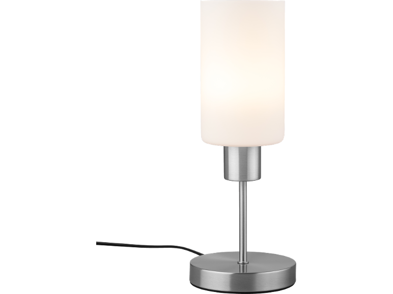 Modern bordslampa med cylindrisk vit skärm och borstad stålfot.