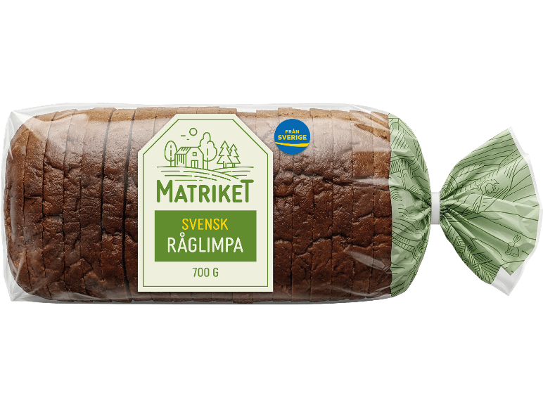 Skivat svenskt råglimpa i transparent förpackning med grön etikett.