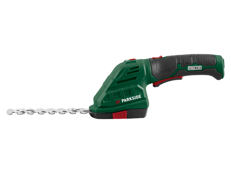 Grön och svart sladdlös busk- och grässax, modell PGSA 4 D5.