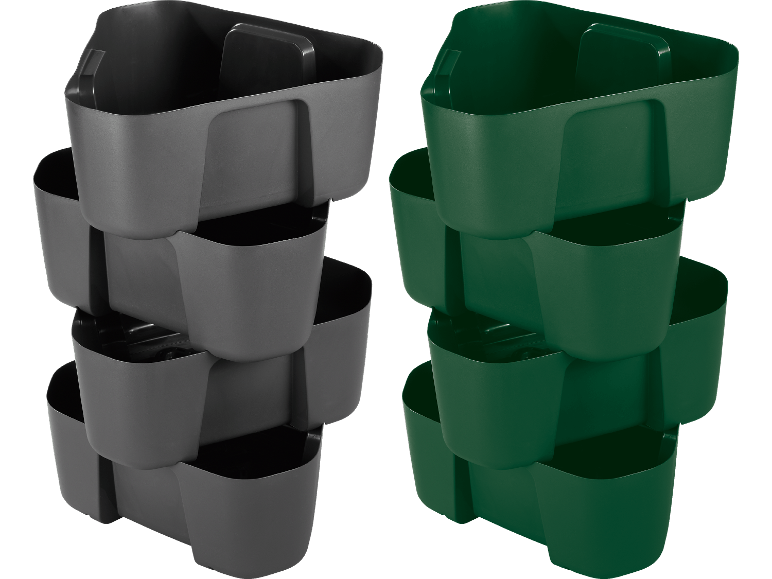 Stapelbara vertikala planteringskärl i grått och mörkgrönt.