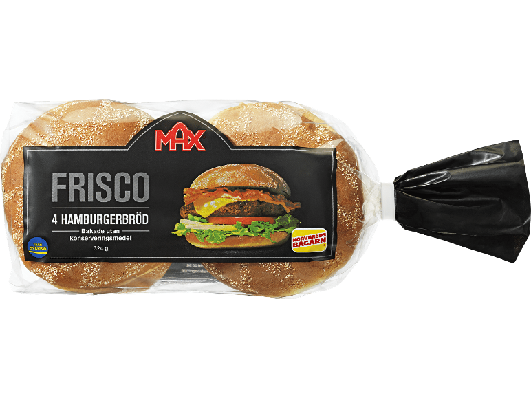 Förpackning med 4 hamburgerbröd med en bild av en hamburgare på etiketten.
